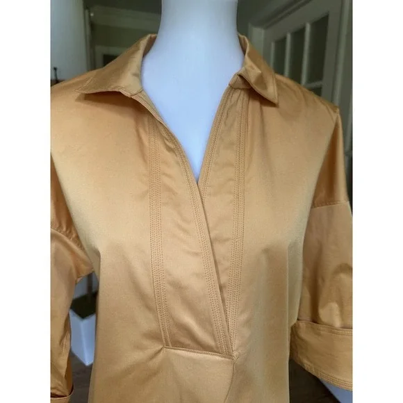 Elie Tahari Blue Label Tunic Blouse M Gold Cotton Blend 3/4 Sleeve V-Neck Top - Picture 2 of 7
